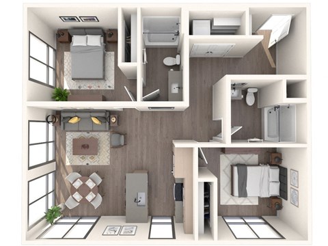 Floor plan for 2 beds, 2 baths, 1017 sqft